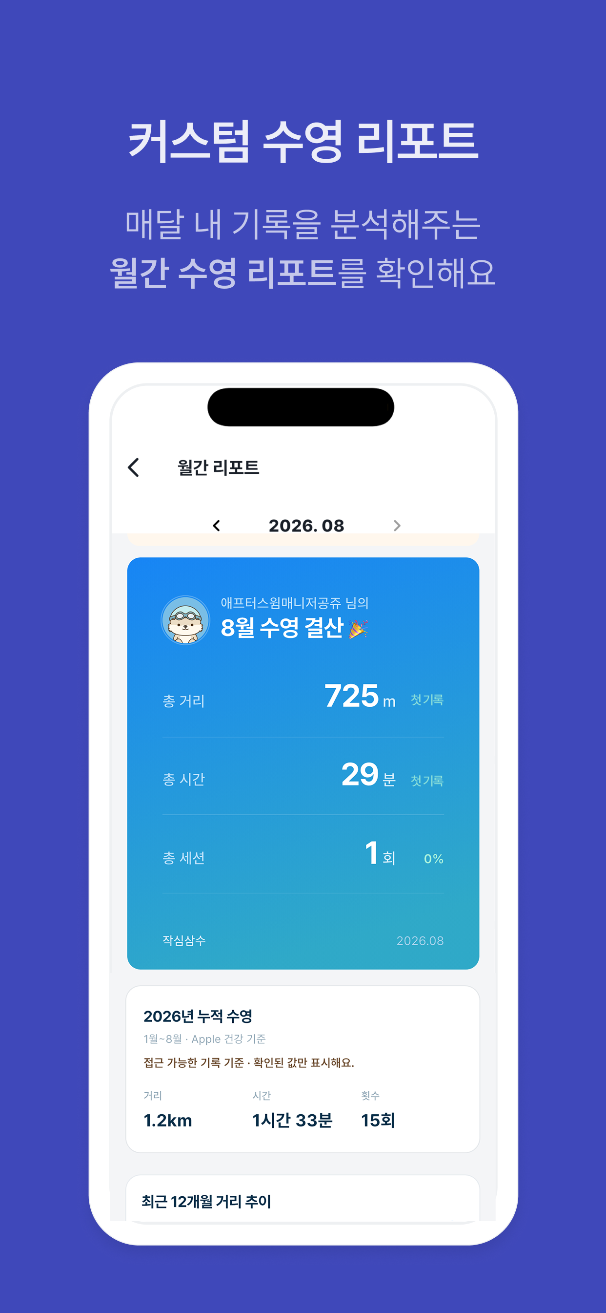 작심삼수 월간 수영 리포트 화면
